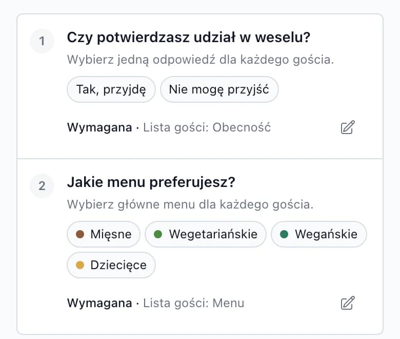 Pytanie RSVP Czy potwierdzasz obecność na ślubie? z odpowiedziami Tak, przyjdę i Nie mogę przyjść, zapisane w kolumnie Lista gości: Obecność
