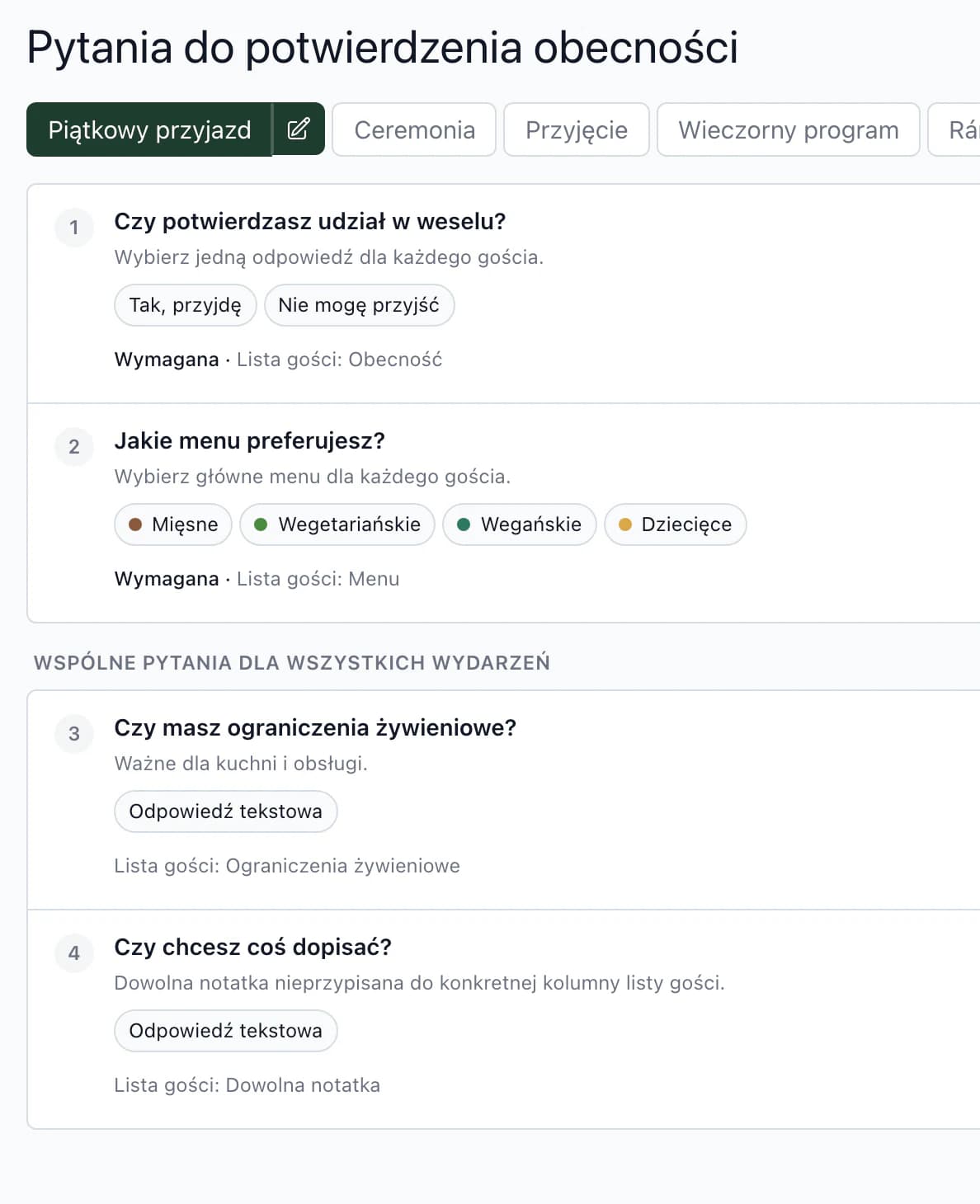 Ustawienia pytań RSVP: obecność i wybór menu powiązane z listą gości