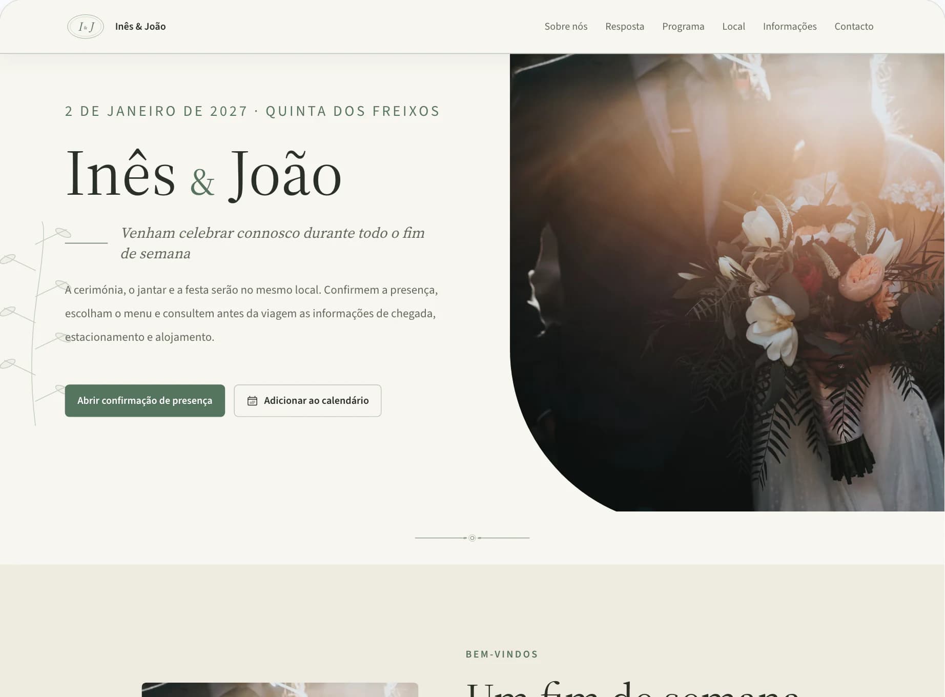 Editor do site para convidados com pré-visualização da página inicial do casamento Inês & João