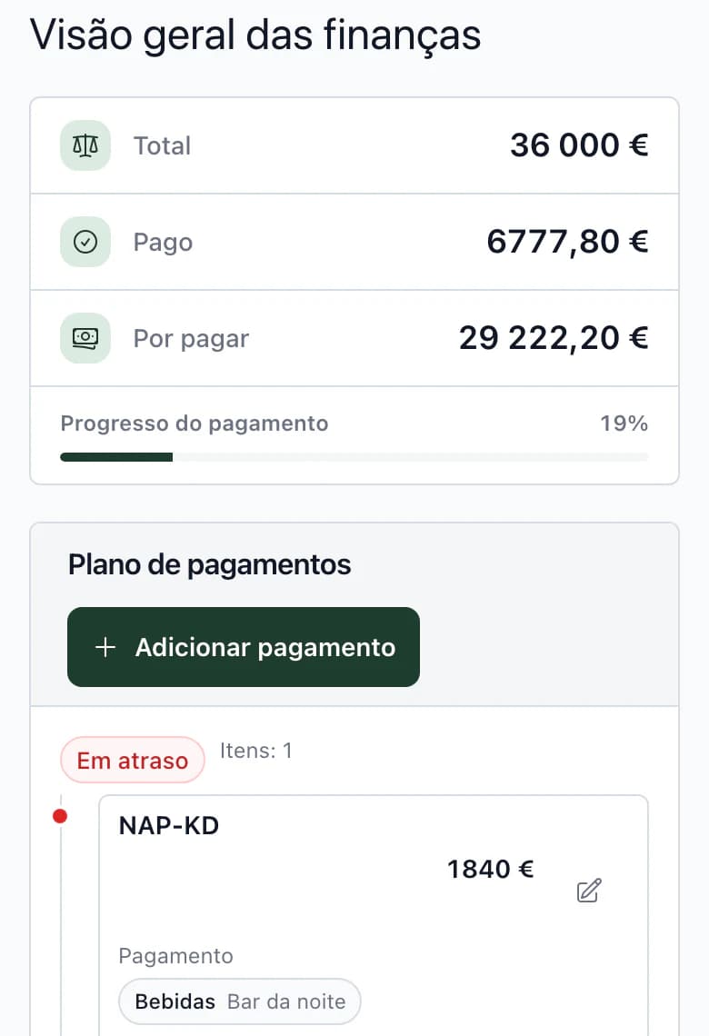 Orçamento no telemóvel: total, pago, por pagar e primeiro pagamento do plano