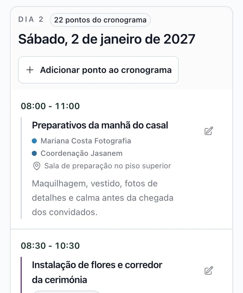 Cronograma do dia do casamento no telemóvel: hora, momento do programa, fornecedores e local