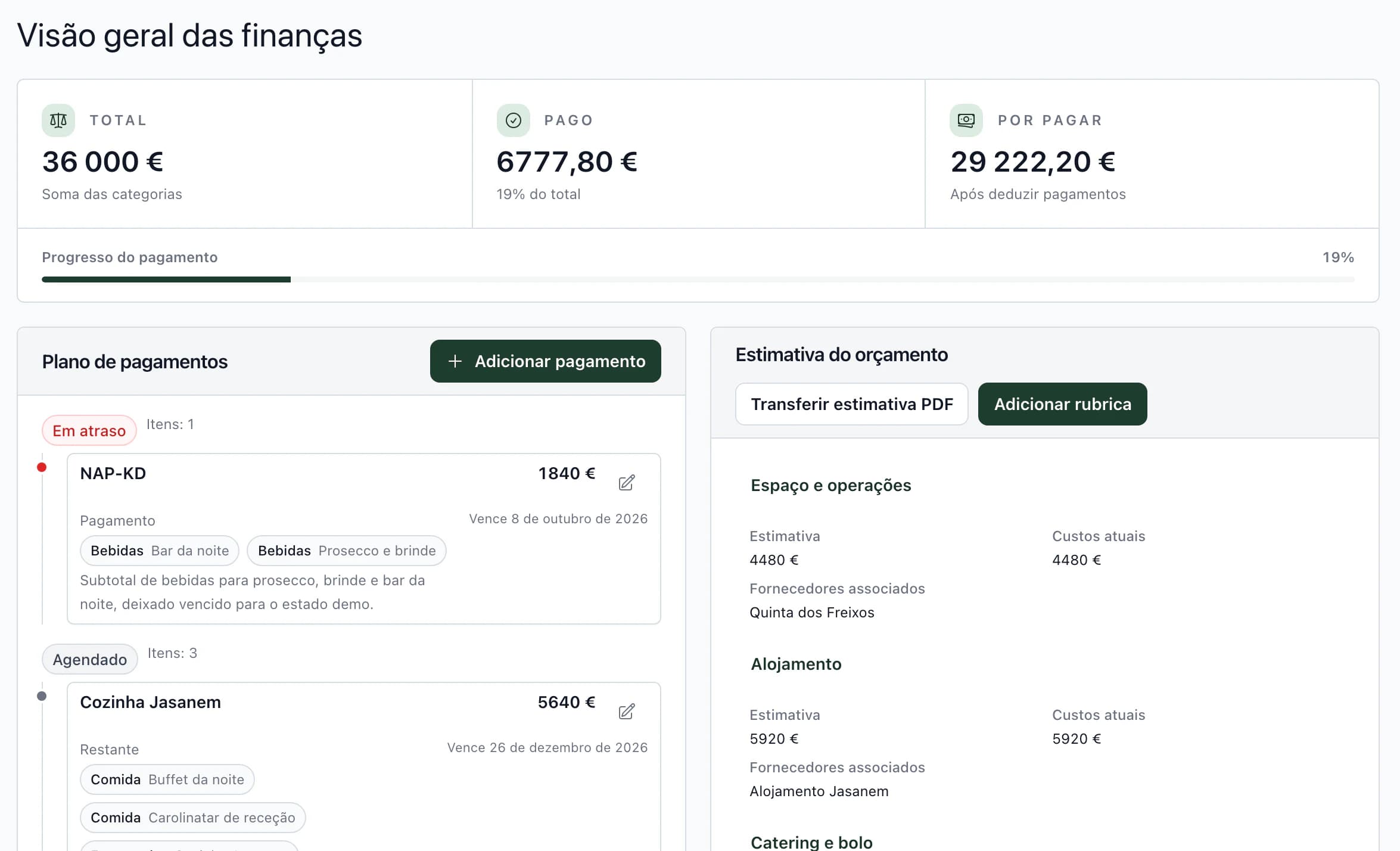Orçamento do casamento: total, pago e por pagar, seguido do plano de pagamentos com vencido no topo