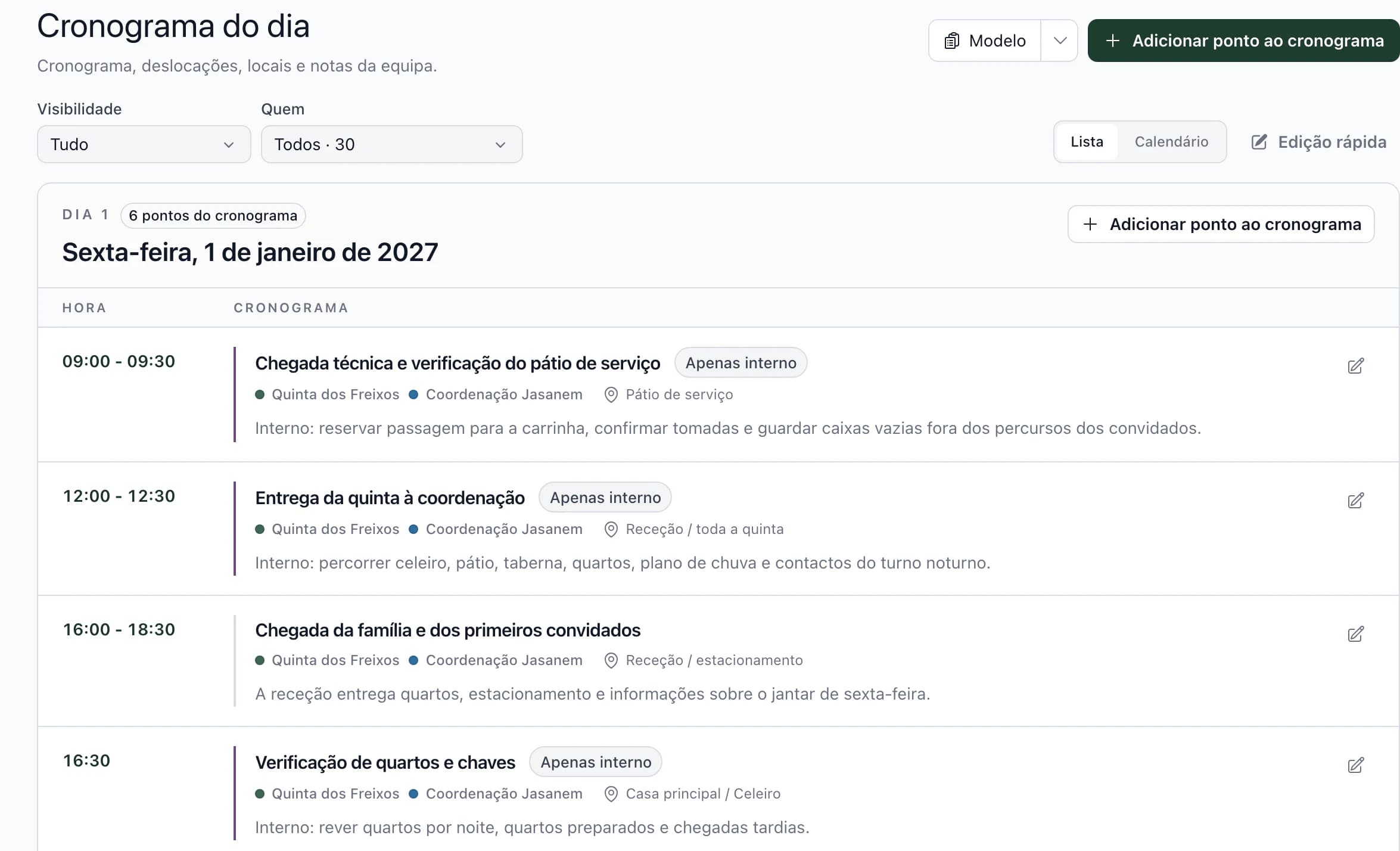Cronograma do dia com horas, fornecedores, locais e notas internas