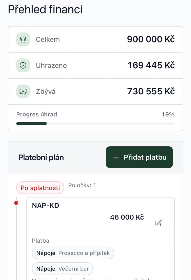 Rozpočet na telefonu: celkem, uhrazeno, zbývá a první platba platebního plánu