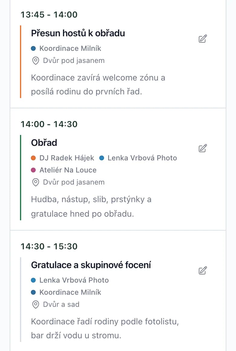 Bod harmonogramu Obřad 14:00 až 14:30 s DJ Radkem Hájkem, Lenkou Vrbovou Photo a Ateliérem Na Louce, místo Dvůr pod jasanem a poznámka Hudba, nástup, slib, prstýnky a gratulace hned po obřadu