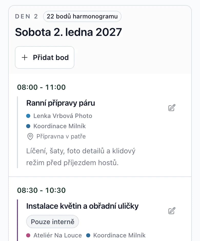 Harmonogram dne svatby na telefonu: čas, bod programu, dodavatelé a místo