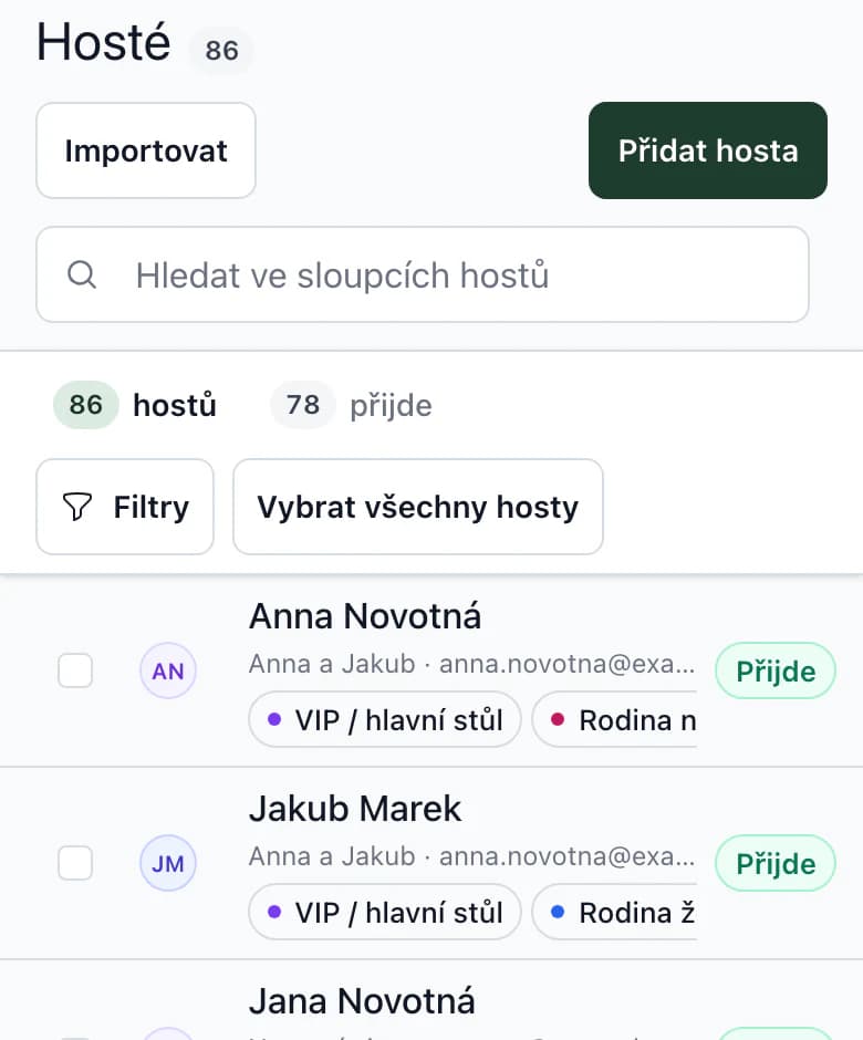Seznam hostů na telefonu