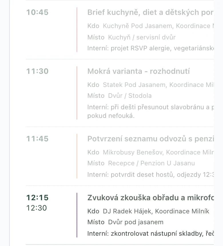 Harmonogram pro DJ na telefonu: šedé body bez DJ a zvuková zkouška ve 12:15 s DJ Radkem Hájkem