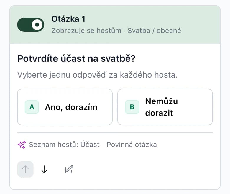 RSVP otázka Potvrdíte účast na svatbě? s vazbou Seznam hostů: Účast, na telefonu