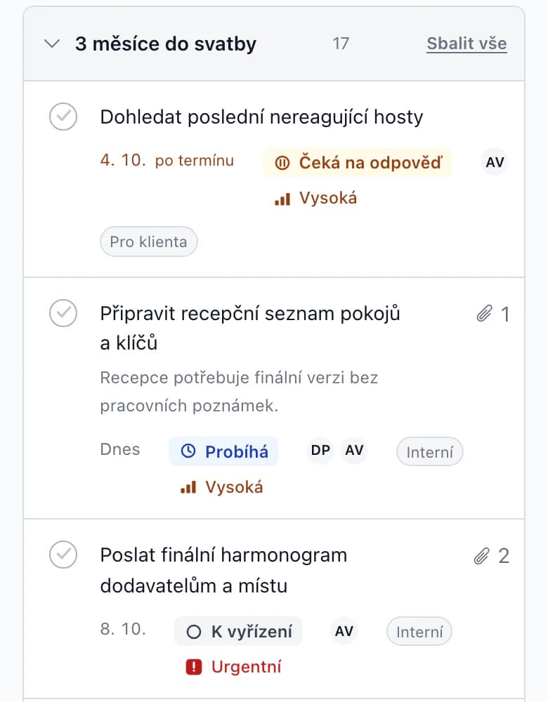 Úkoly na telefonu: termín, stav, priorita a lidé u každého úkolu ve fázi 3 měsíce do svatby