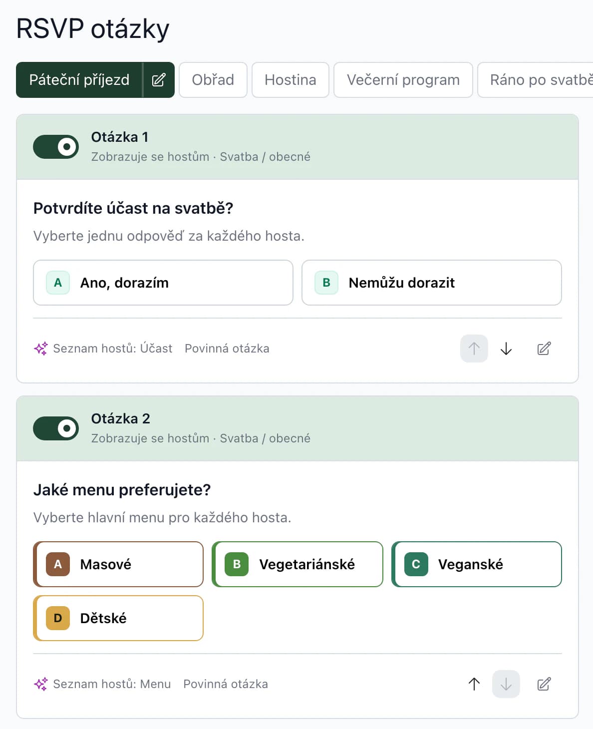 Nastavení RSVP otázek: účast a výběr menu propojené se seznamem hostů