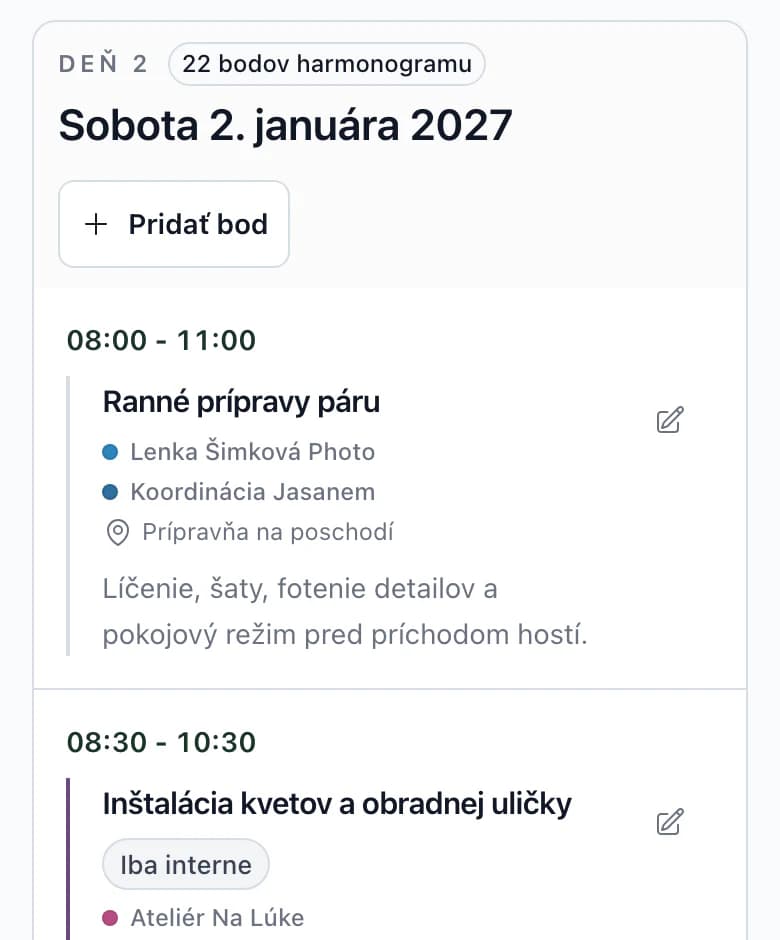 Harmonogram dňa svadby na telefóne: čas, bod programu, dodávatelia a miesto