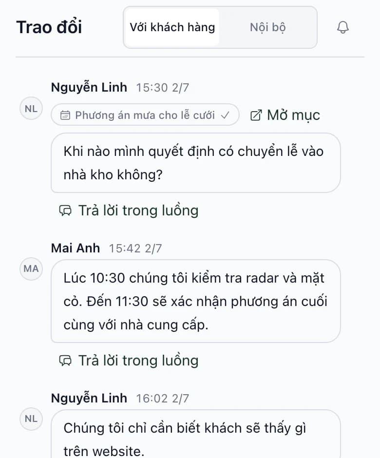 Trao đổi trên điện thoại: chuyển Với khách hàng / Nội bộ và câu hỏi của Nguyễn Linh tại Phương án khi mưa cho lễ