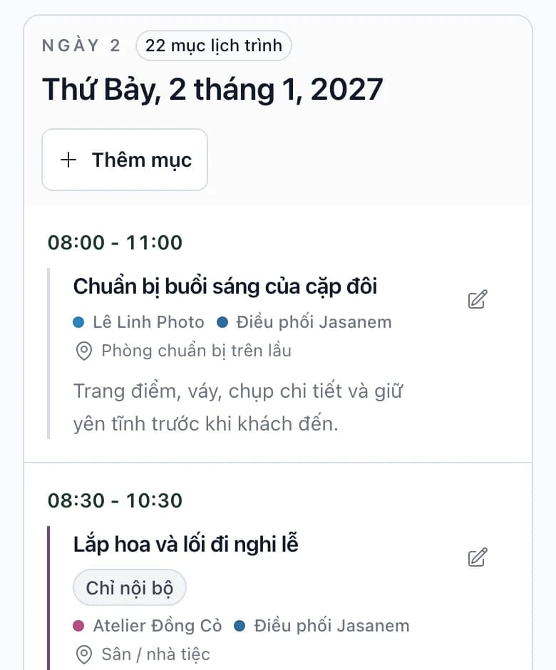 Lịch trình ngày cưới trên điện thoại: giờ, mục chương trình, nhà cung cấp và địa điểm