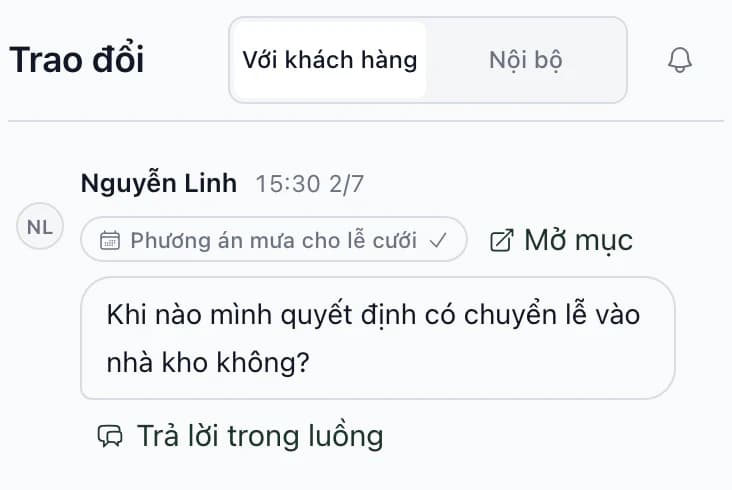 Tin nhắn của khách hàng Nguyễn Linh tại mục Phương án lễ cưới khi mưa: khi nào quyết định chuyển lễ cưới vào nhà kho