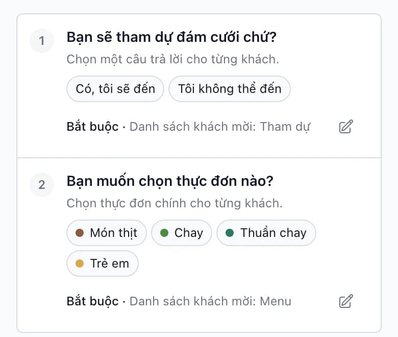 Câu hỏi RSVP Bạn có xác nhận tham dự đám cưới không? liên kết với Danh sách khách mời: Tham dự, trên điện thoại