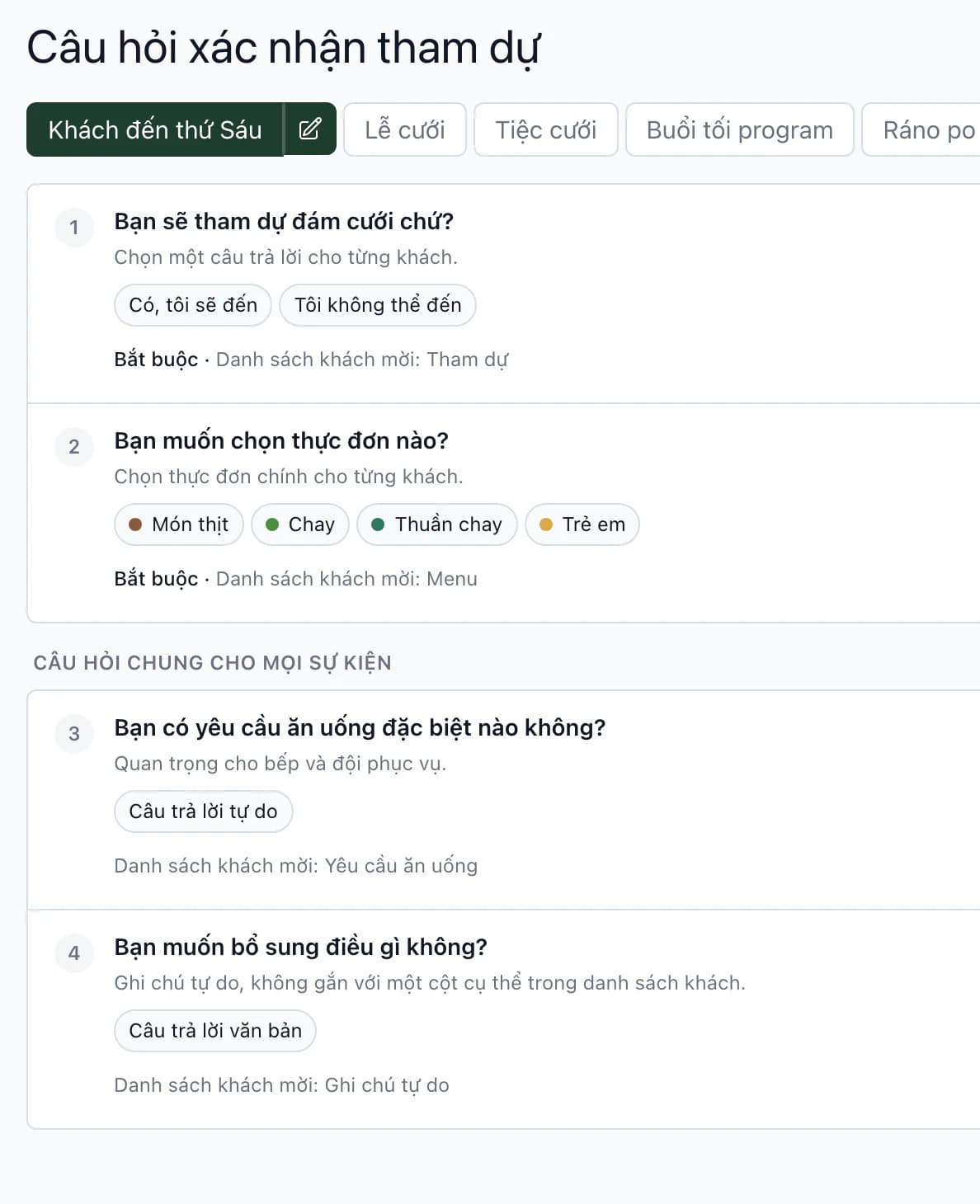 Cài đặt câu hỏi RSVP: tham dự và lựa chọn thực đơn liên kết với danh sách khách