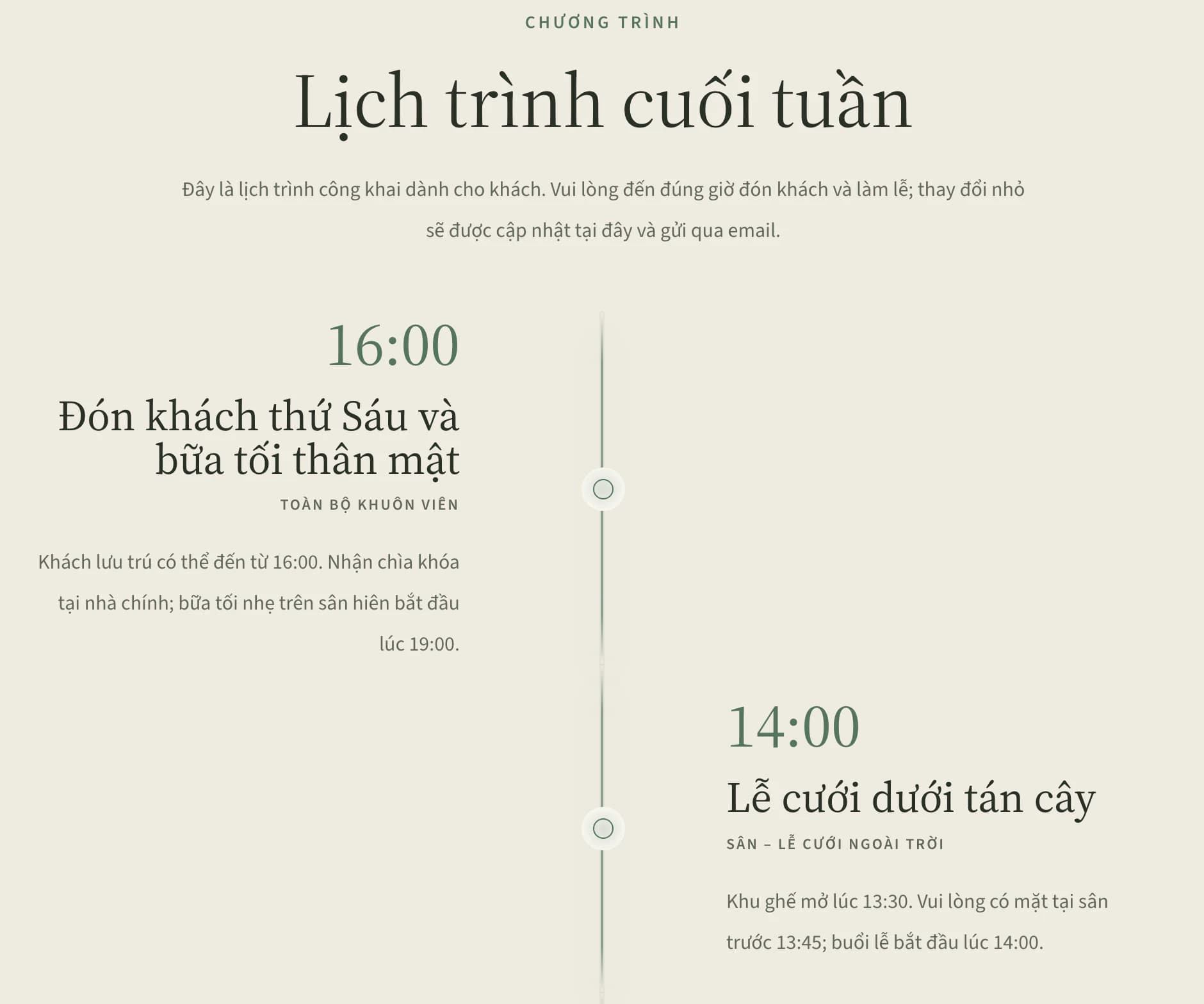 Chương trình website cưới: khách đến thứ Sáu 16:00, lễ dưới cây tần bì 14:00, lấy từ lịch trình