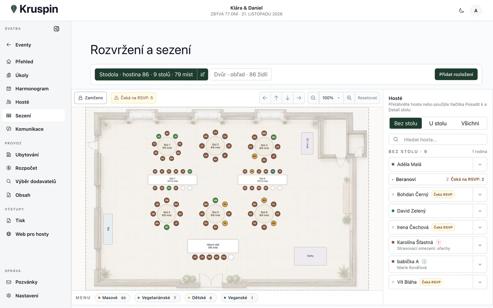 Zasedací pořádek ukázkové svatby v aplikaci Kruspin