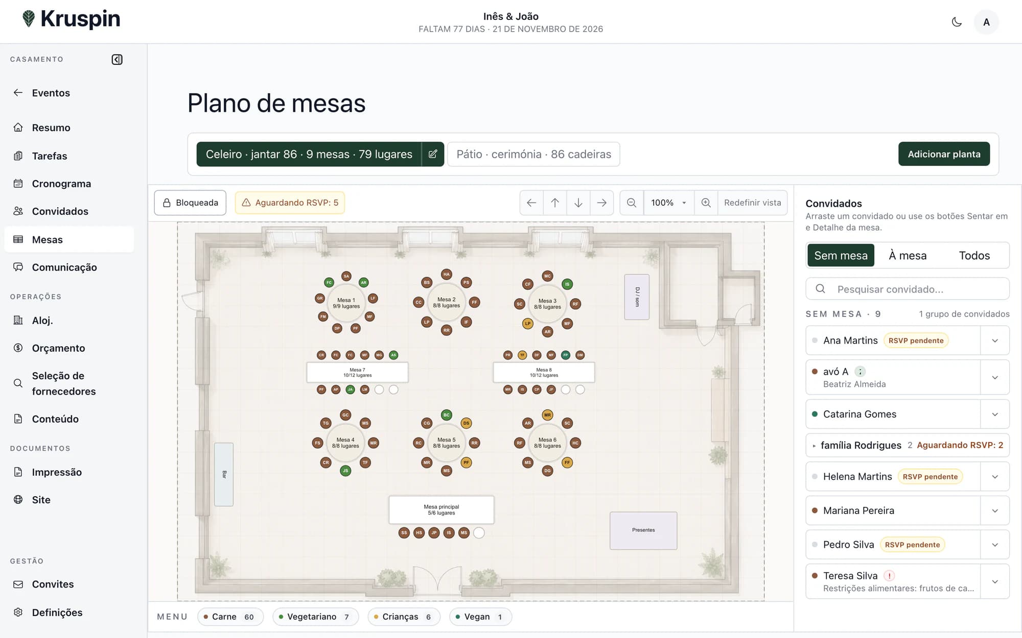 Plano de mesas de um casamento de exemplo no Kruspin