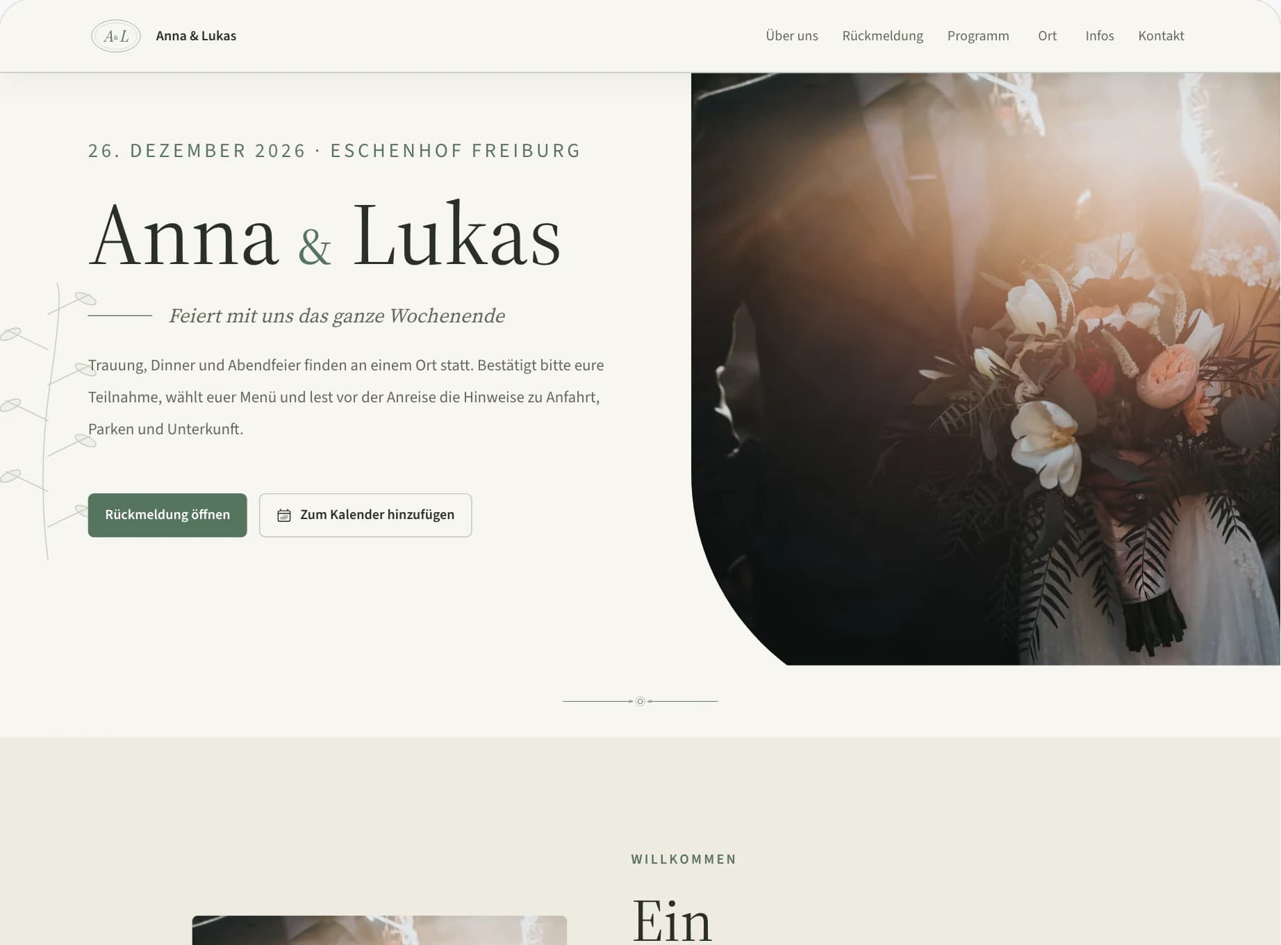 Editor der Website für Gäste mit Vorschau der Startseite der Hochzeit Anna & Lukas