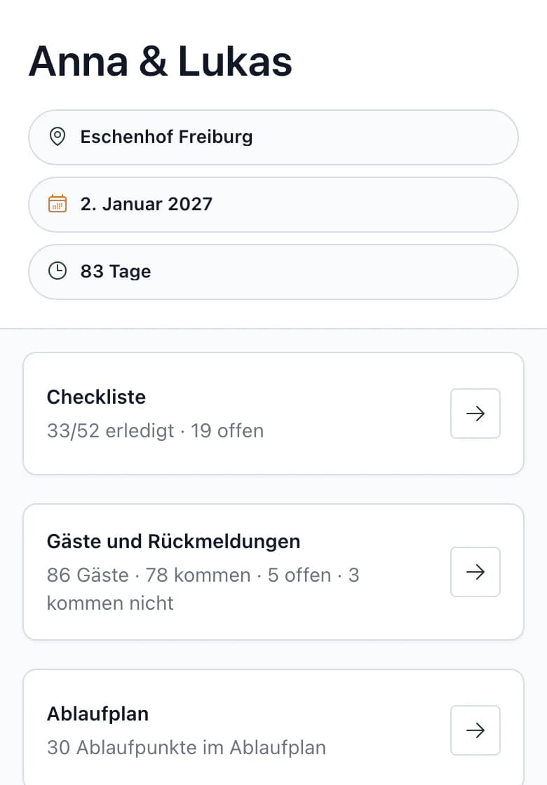 Übersicht der Hochzeit Anna & Lukas am Smartphone: Hochzeitsname und Location Eschenhof Freiburg