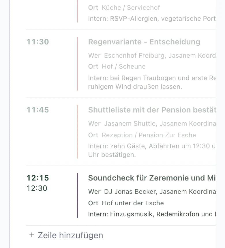 Ablaufplan für den DJ auf dem Smartphone mit grauen Punkten ohne DJ-Zuordnung und Soundcheck um 12:15 mit DJ Jonas Becker
