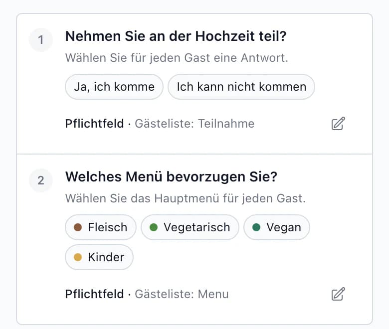 RSVP-Frage „Bestätigen Sie Ihre Teilnahme an der Hochzeit?“ mit Verknüpfung Gästeliste: Teilnahme, am Smartphone