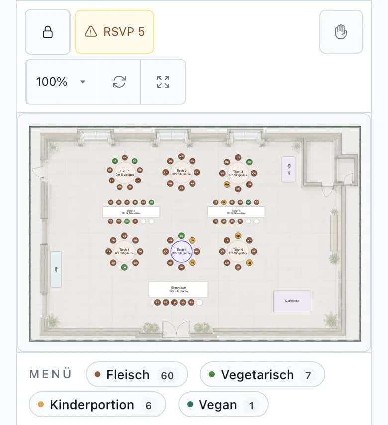 Tischplan am Smartphone: Scheunenplan mit allen Tischen, ausgewählter Tisch 5 und unter dem Plan die Anzahl der Portionen nach Menü