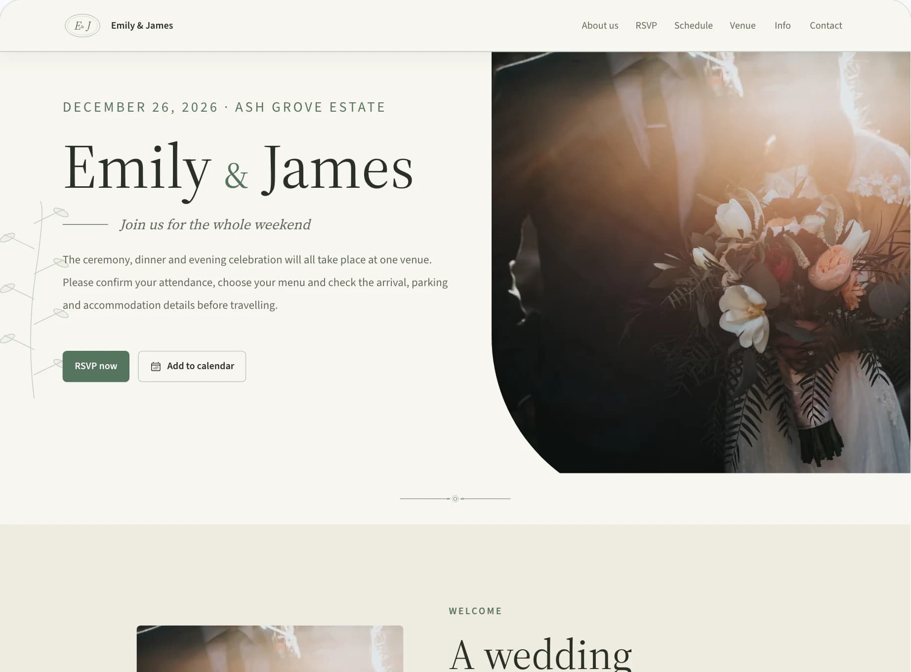 Guest website editor showing Emily & James's wedding homepage preview