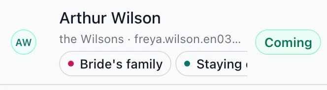 Guest Arthur Wilson with Attending status and Bride's family and Staying overnight tags