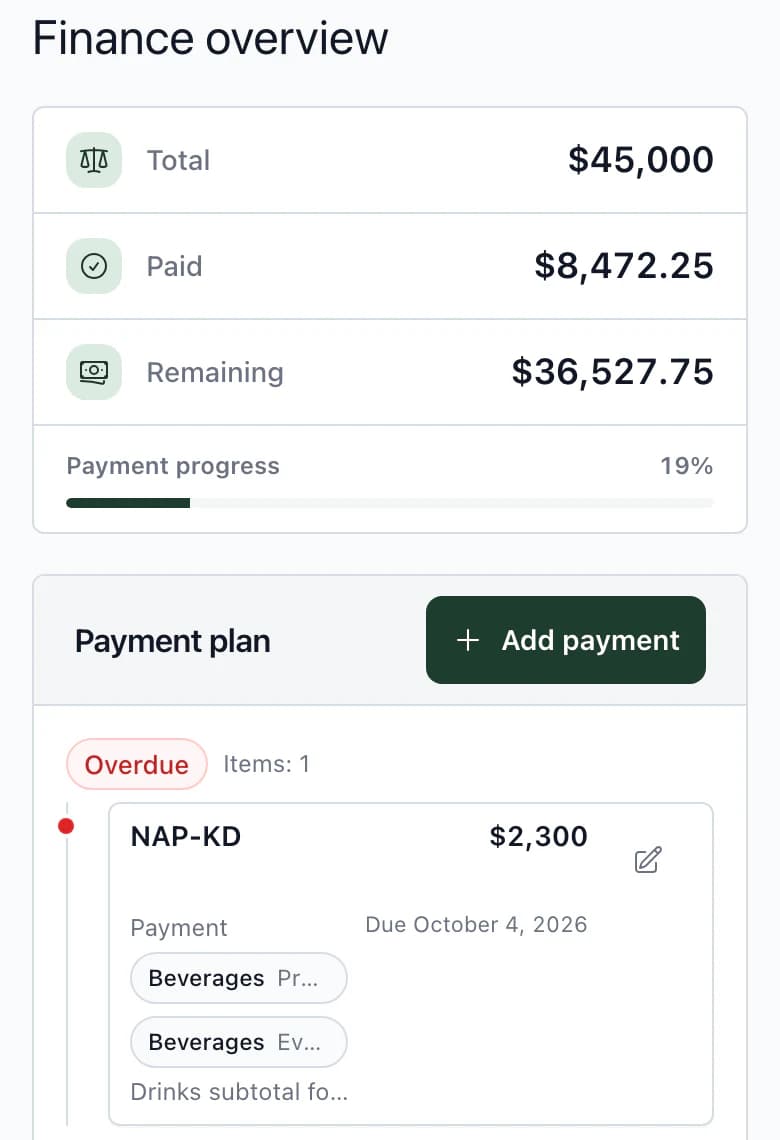 Budget on a phone: total, paid, remaining and the first payment in the plan