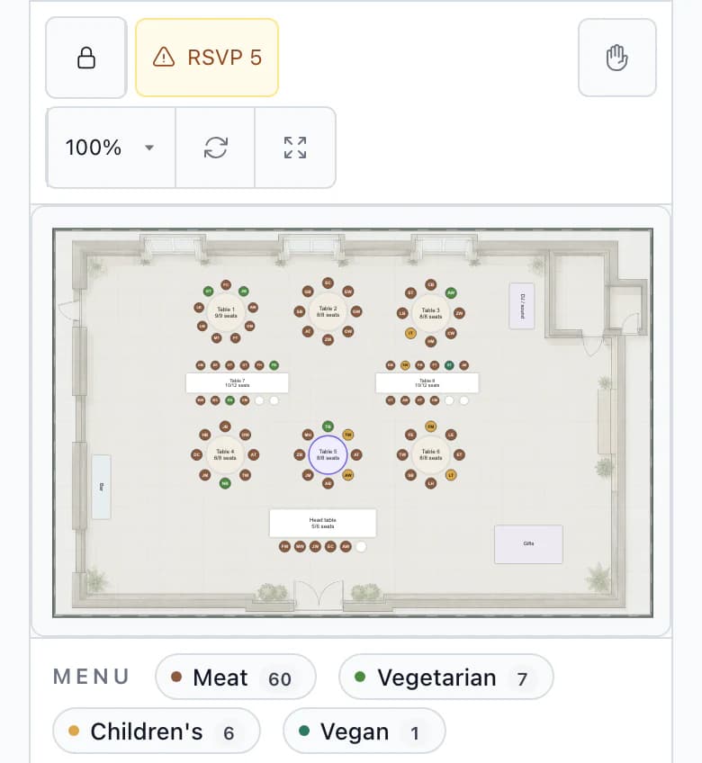 Seating plan on a phone: barn floor plan with all tables, table 5 selected, and meal totals by menu below the plan