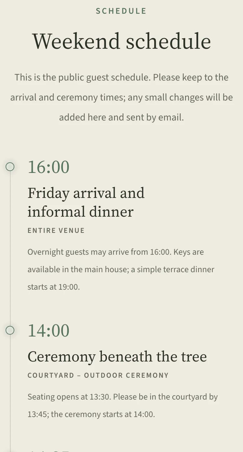 Guest website schedule on a phone: Friday arrival at 16:00 and ceremony under the ash tree at 14:00