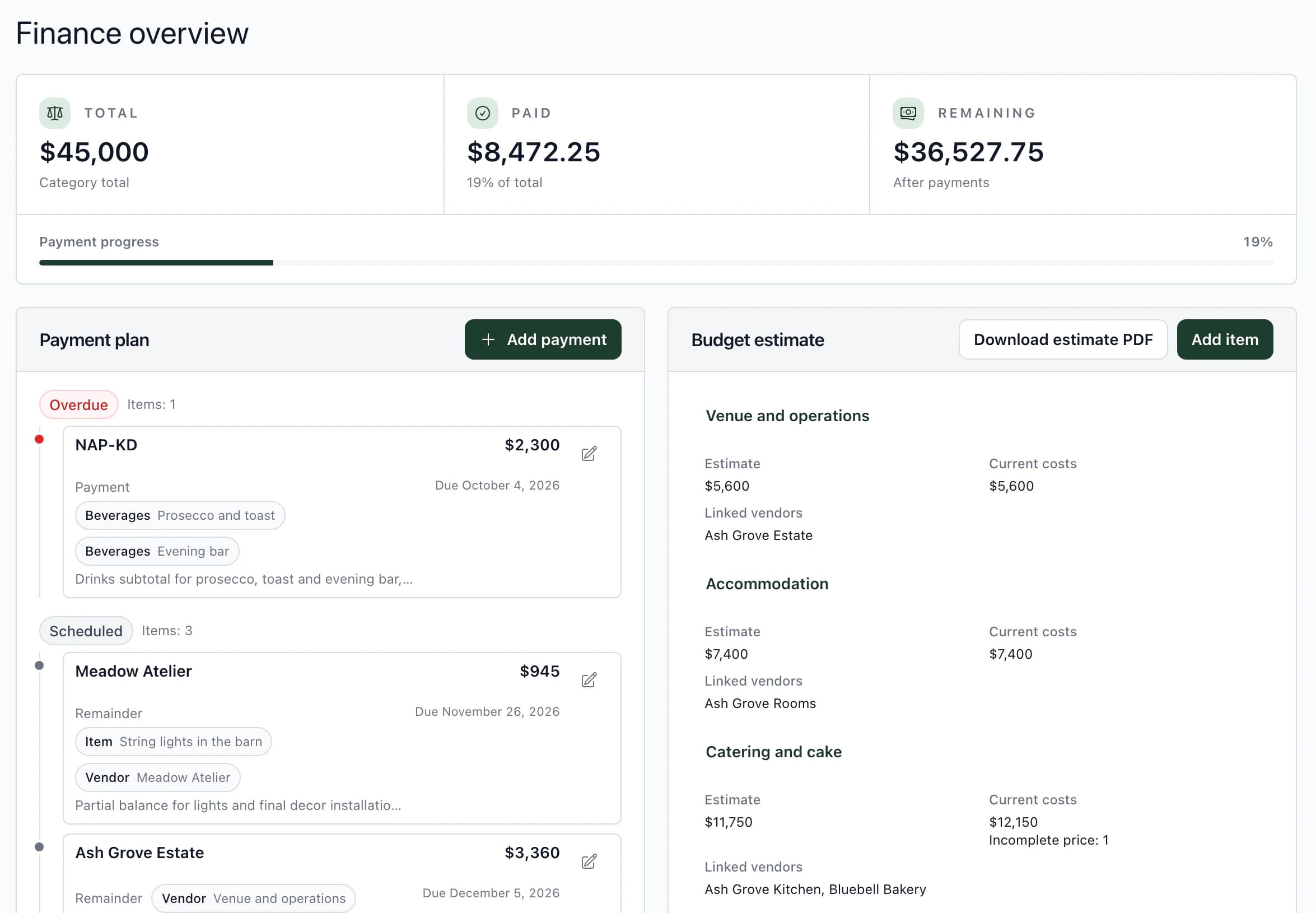 Wedding budget overview: total 900,000 CZK, paid 169,445 CZK, remaining 730,555 CZK; payment plan with an overdue payment at the top, and budget estimate with current costs by category