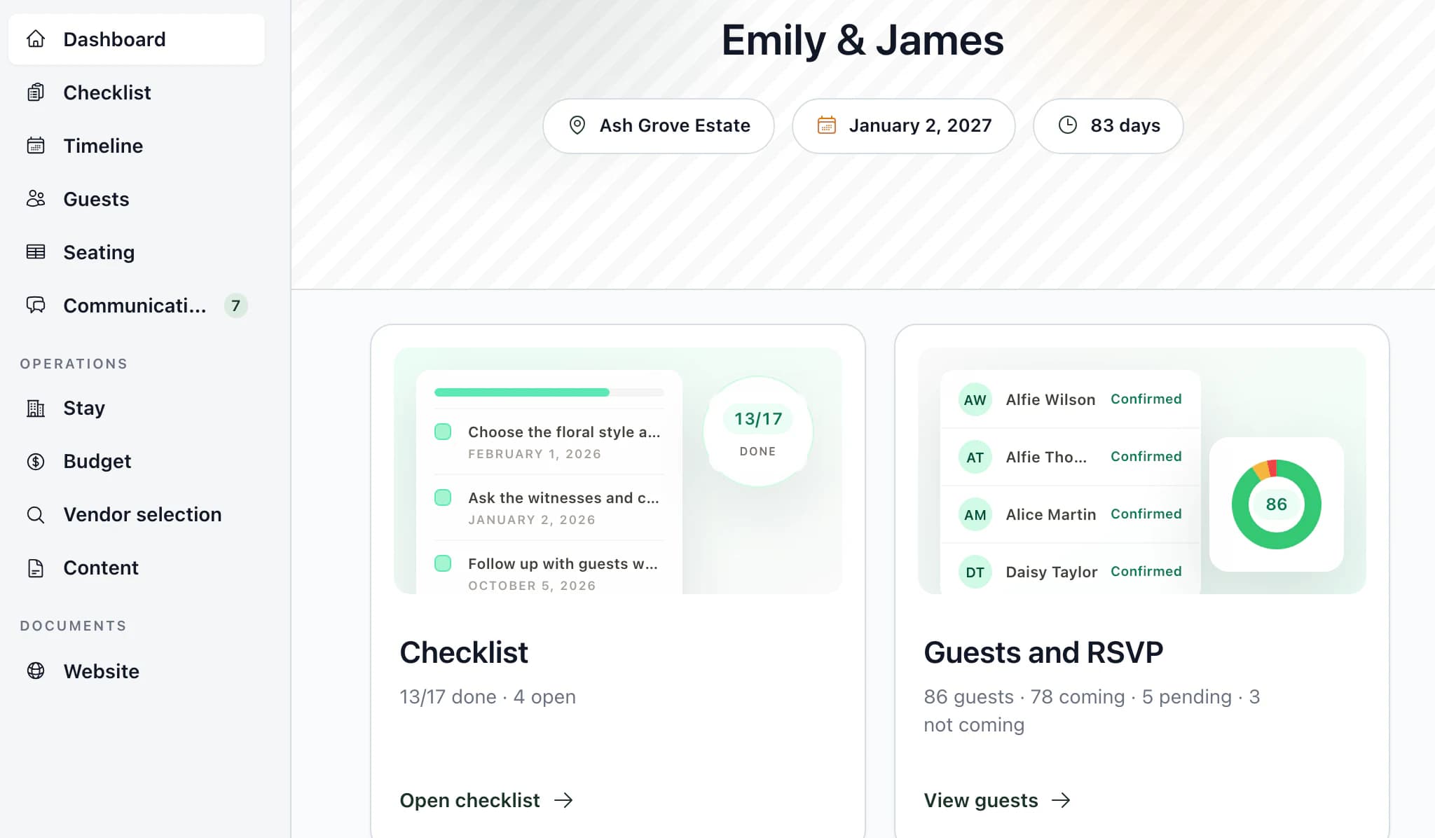 Emily & James's wedding overview in the client view: their tasks, guests and navigation without print and administration