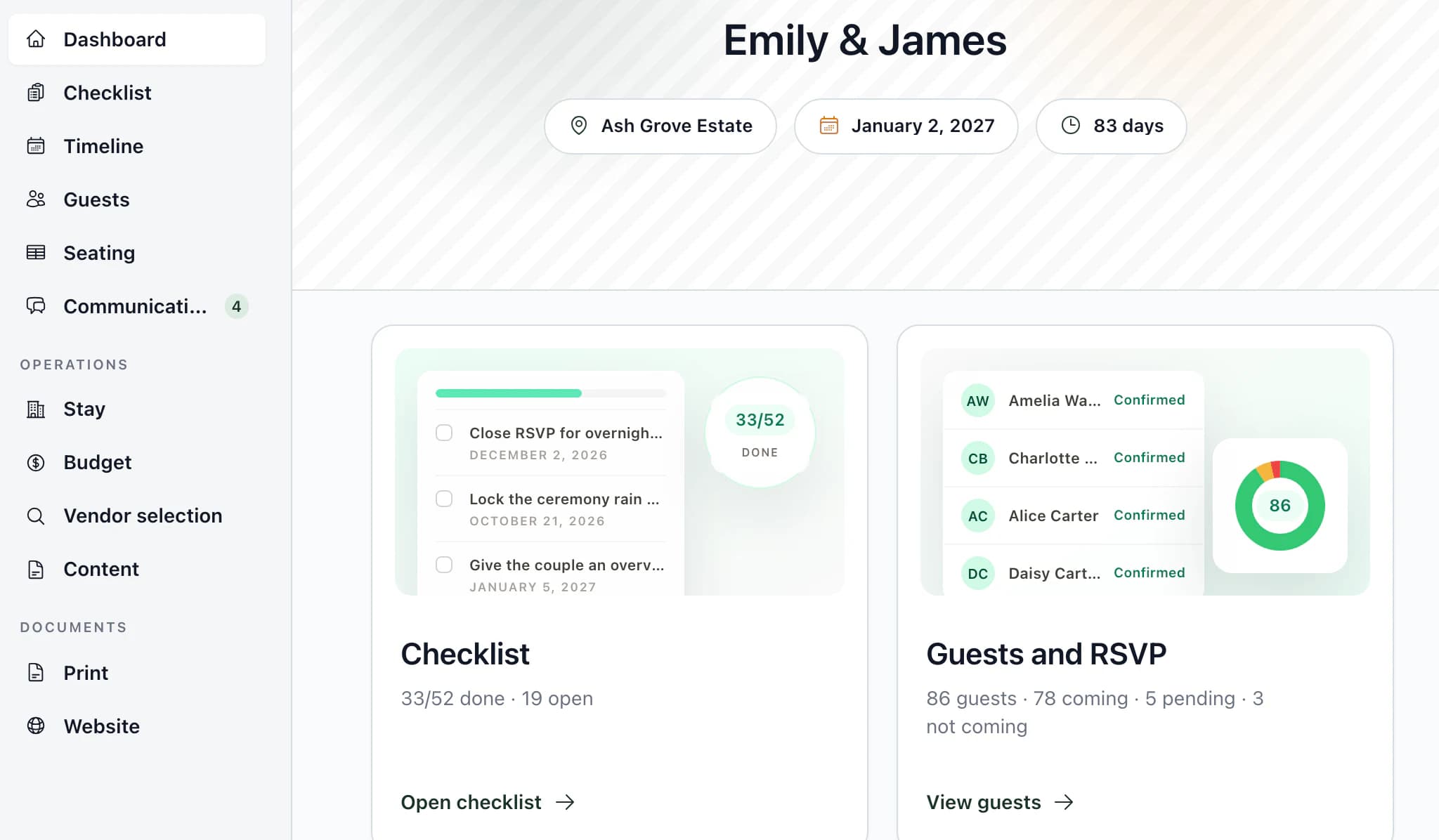 Emily & James's wedding overview in the app: venue, date, tasks, guests and all wedding areas in navigation