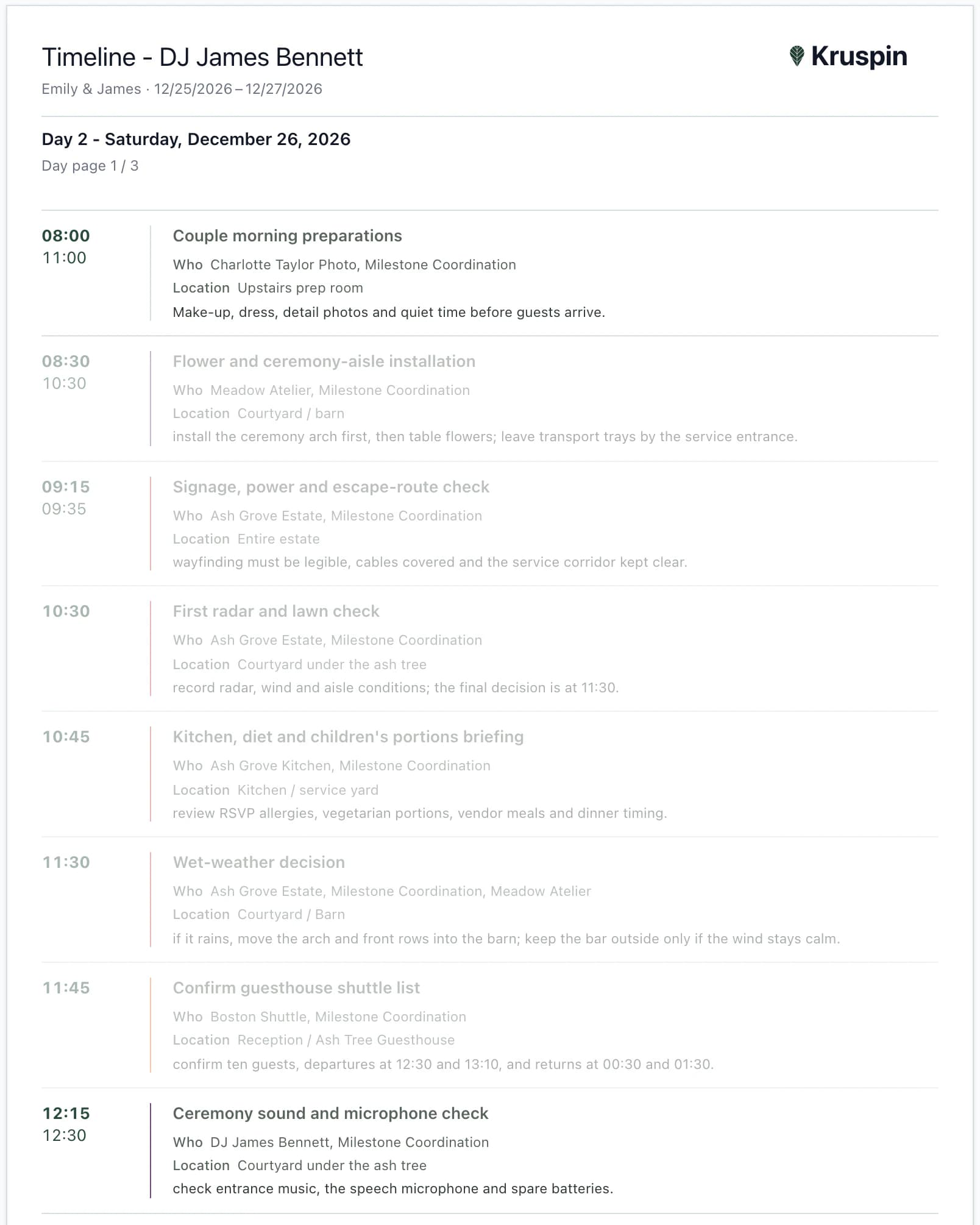 Printable timeline for DJ James Bennett, Saturday: items without the DJ are gray in preview and excluded from the PDF; the 12:15 sound check is included