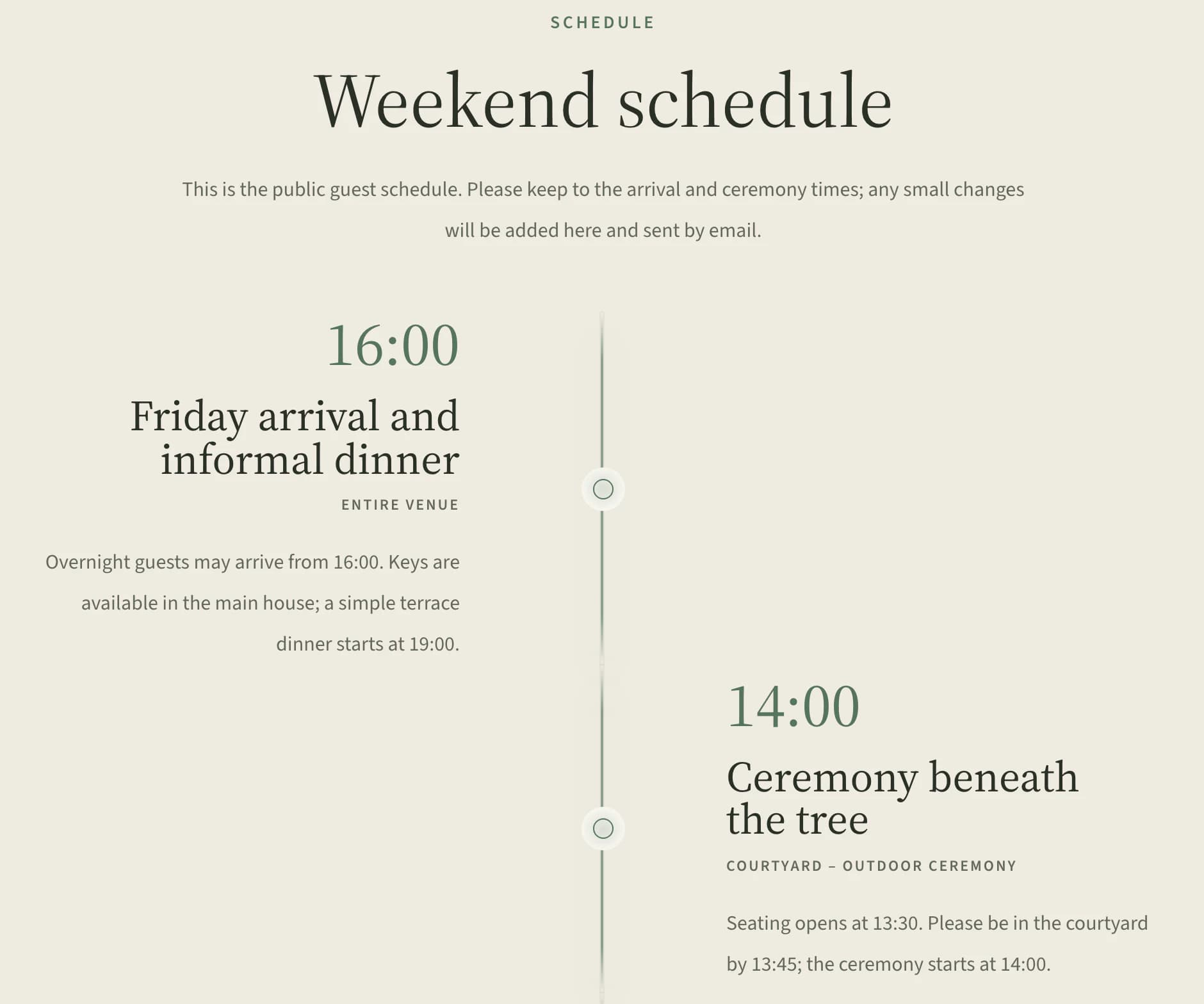Guest website schedule: Friday arrival at 16:00 and ceremony under the ash tree at 14:00, taken from the timeline