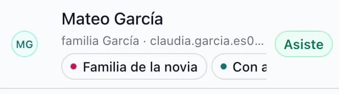Invitado Mateo García con asistencia Asistirá y etiquetas Familia de la novia y Con alojamiento