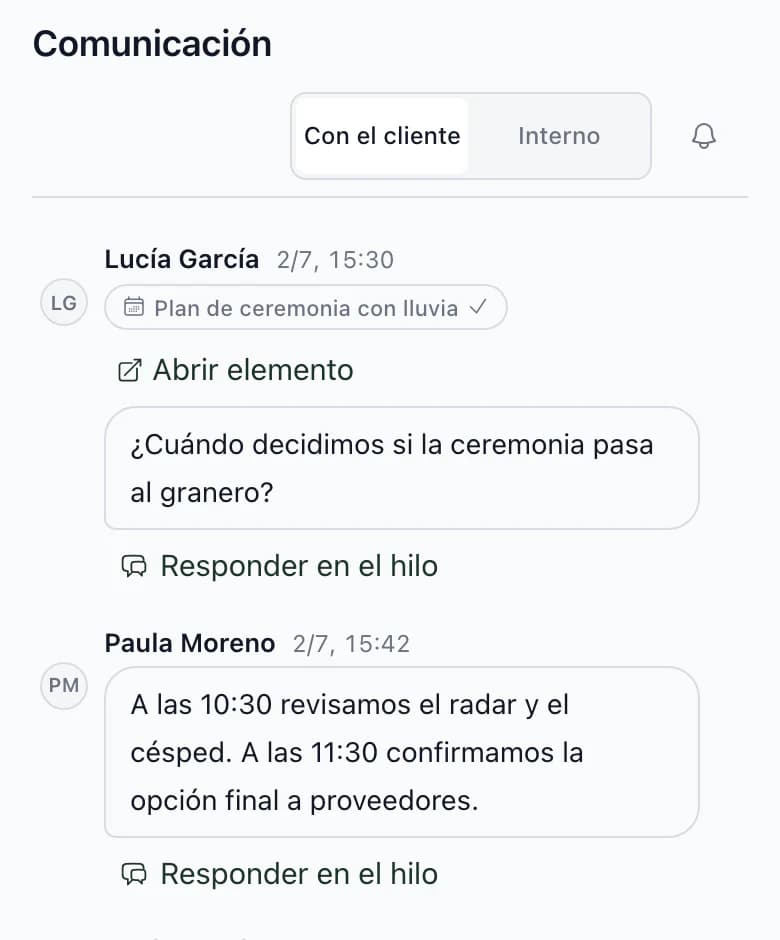 Comunicación en el móvil, con selector Con el cliente e Interno y pregunta de Lucía García en el elemento Plan de lluvia de la ceremonia