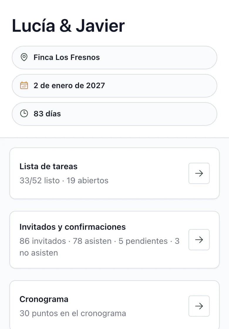 Resumen de la boda Lucía & Javier en el móvil: nombre de la boda y espacio Finca Los Fresnos