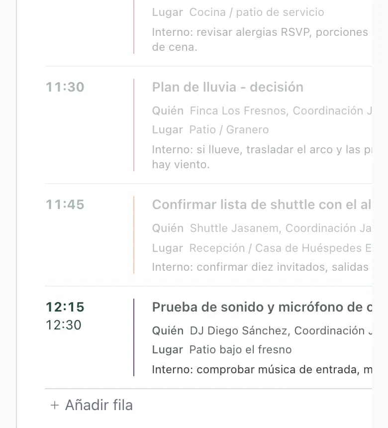 Cronograma del DJ en el móvil, con actividades grises sin DJ y prueba de sonido a las 12:15 con DJ Diego Sánchez