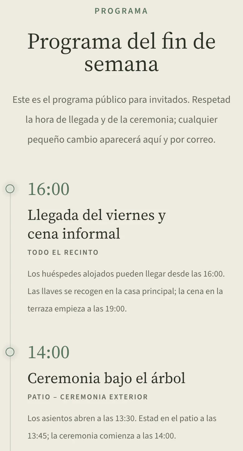Programa de la web de la boda en el móvil: llegada el viernes a las 16:00 y ceremonia bajo el fresno a las 14:00