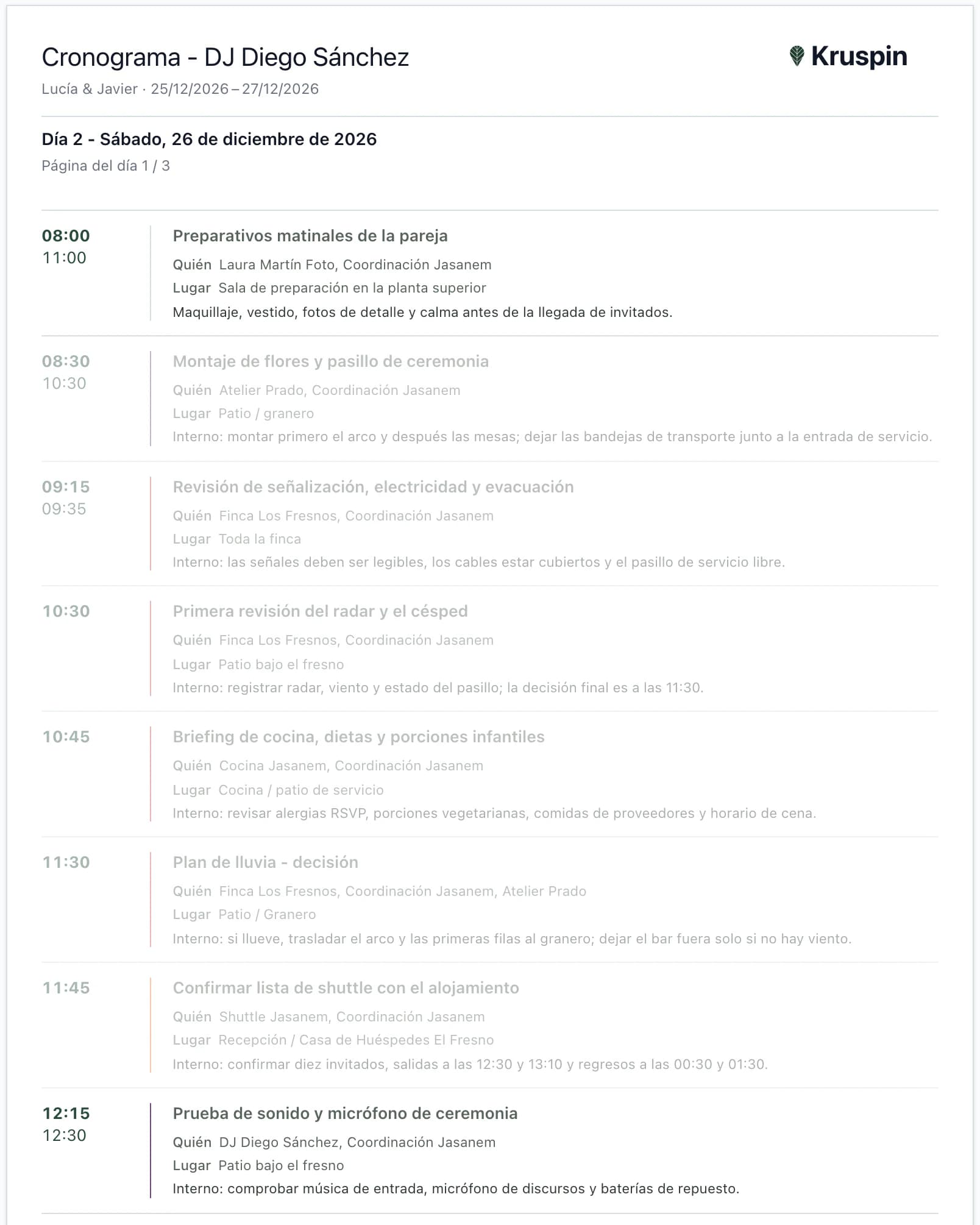 Cronograma imprimible para el DJ Diego Sánchez, sábado: los puntos sin DJ aparecen en gris en la vista previa y no se incluyen en el PDF; la prueba de sonido de las 12:15 sí aparece en el documento