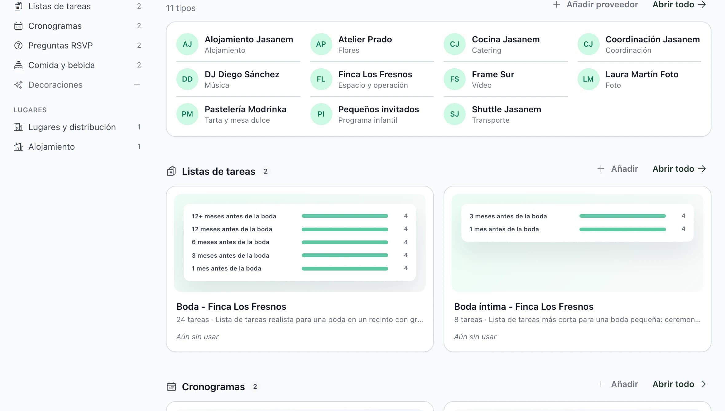 Biblioteca de plantillas de la aplicación, con proveedores, listas de tareas, cronogramas, preguntas de RSVP, comida y bebida, lugares y alojamiento
