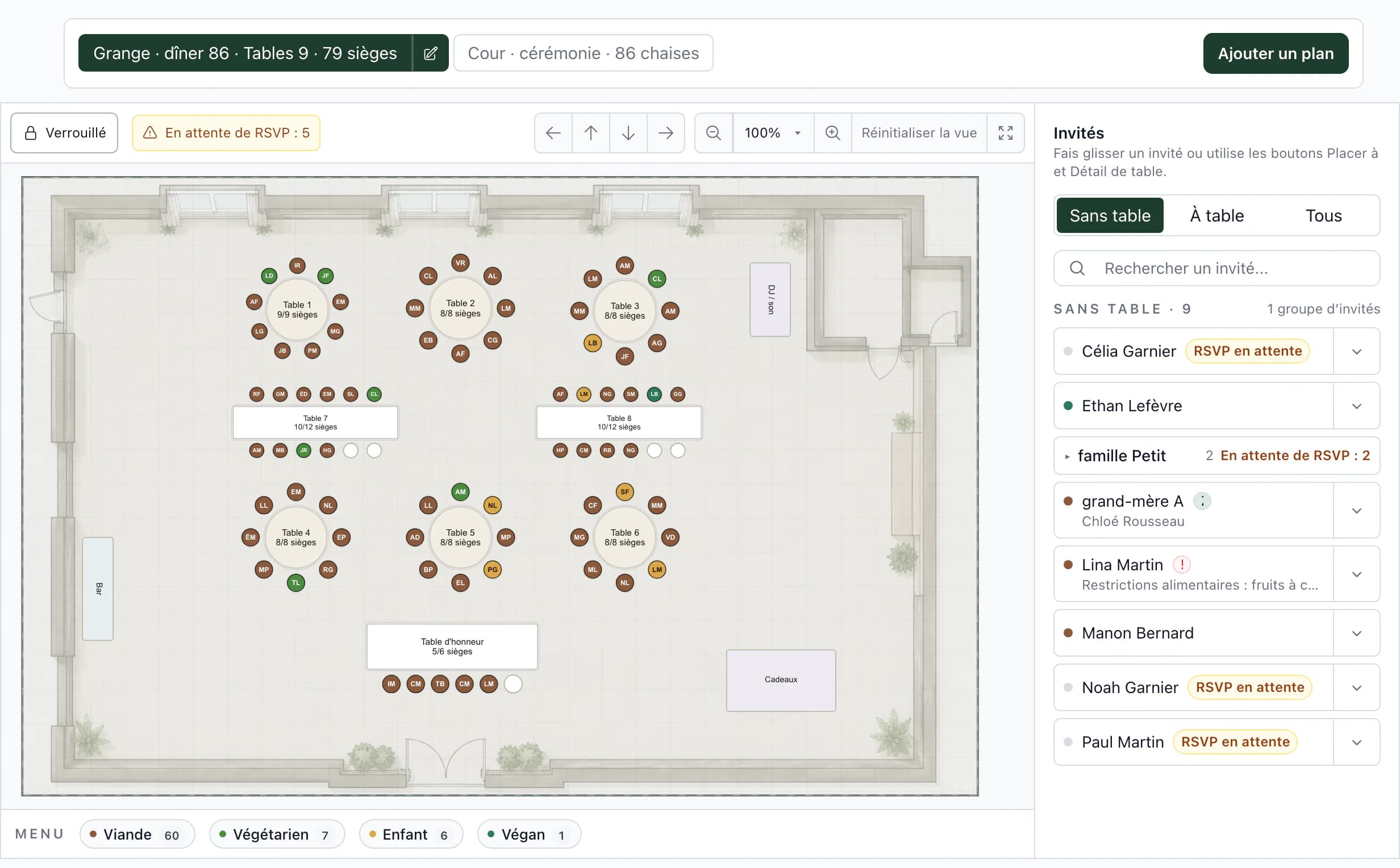 Plan de table du mariage : plan de la grange avec tables, liste des invités sans table et récapitulatif des menus