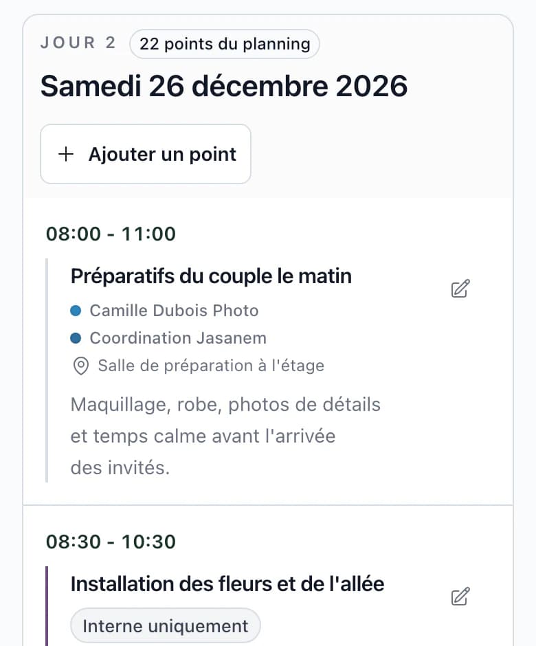 Planning du jour du mariage sur téléphone, heure, étape du programme, prestataires et lieu