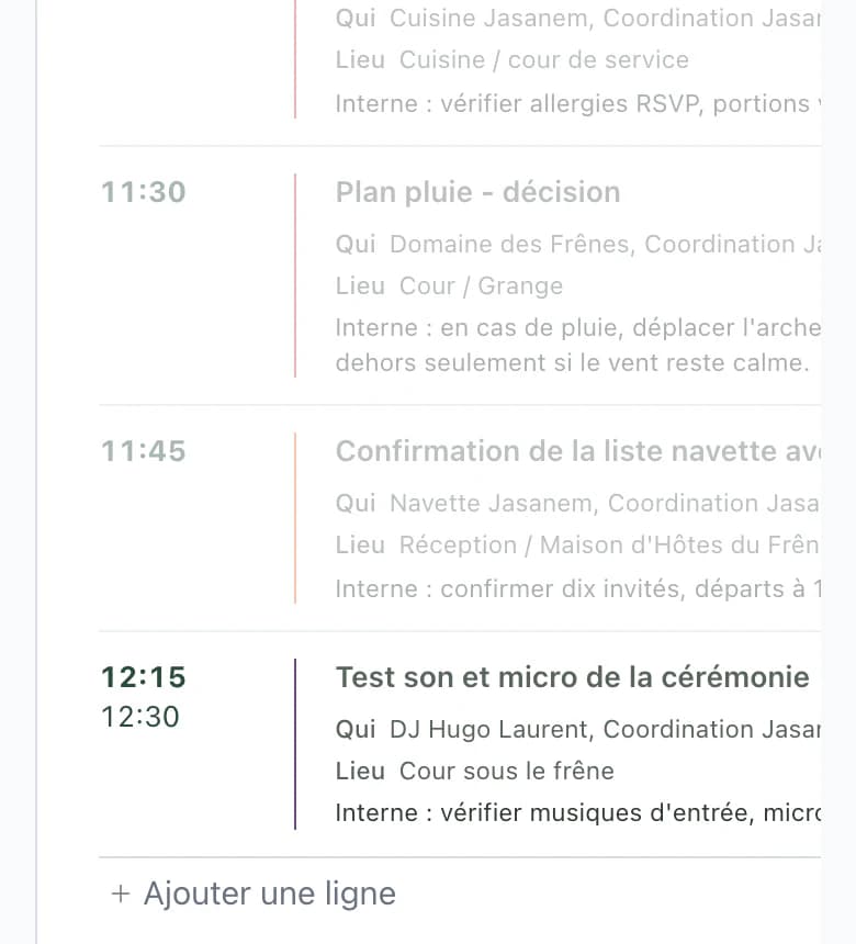Planning du DJ sur téléphone, étapes grises sans DJ et balance sonore à 12:15 avec le DJ Hugo Laurent