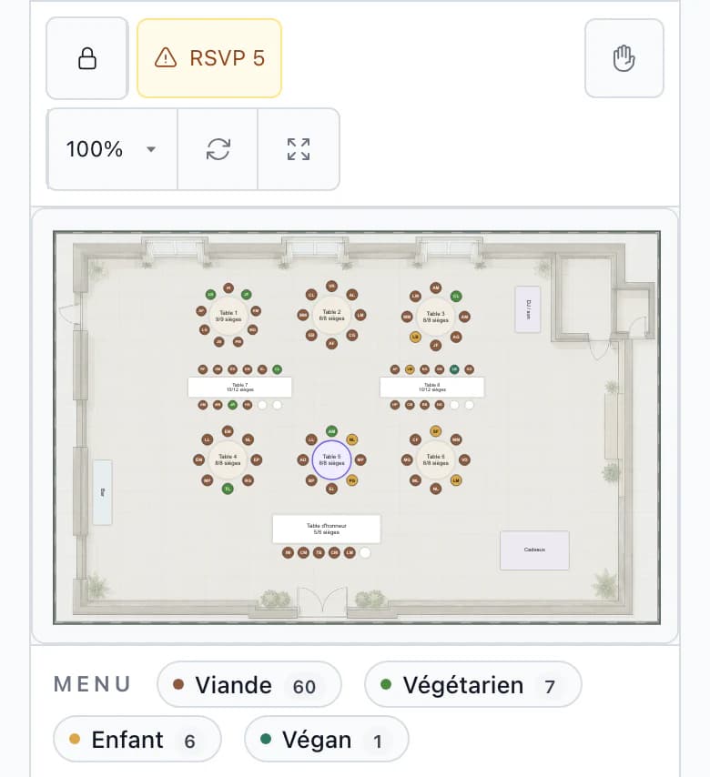Plan de table sur téléphone : plan de la grange avec toutes les tables, table 5 sélectionnée et nombre de portions par menu sous le plan